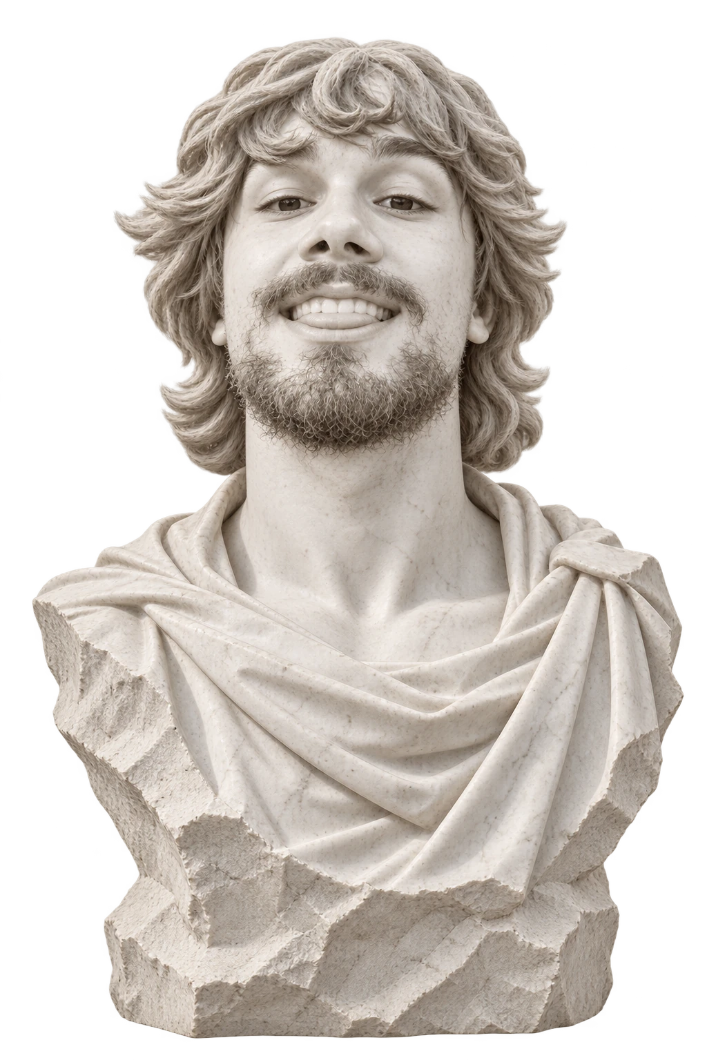 Felipe sorrindo, em um busto clássico de mármore